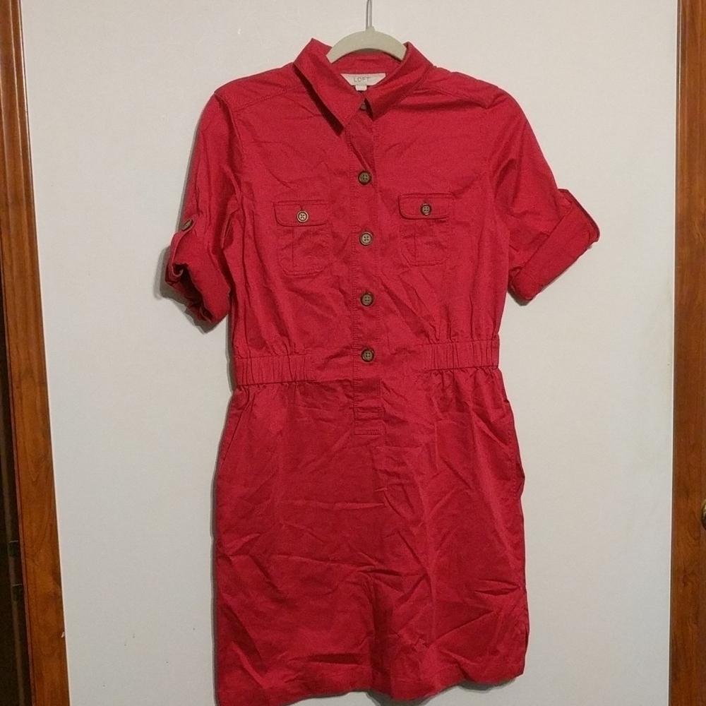 Loft Red Cotton Blend Shirt Dress - size XS - Picture 2 of 5